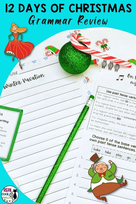 Struggling to find engaging, yet still meaningful, activities to combat the countdown to winter break restlessness? You don't want to start anything new, so it's the perfect time for a grammar review! Your students will actually enjoy reviewing grammar with these 12 Days of Christmas themed activities! Each day has a focus on a particular grammar point with activities for practice. This low-prep activity is perfect for elementary or even adult ESL! Ela Christmas Activities, Week Before Christmas Break Activities, Fun Language Arts Activities, Christmas Themed Activities, Grammar Activities Middle School, Christmas Language Arts, Homeschool Christmas, Meaningful Activities, Homeschool Holidays