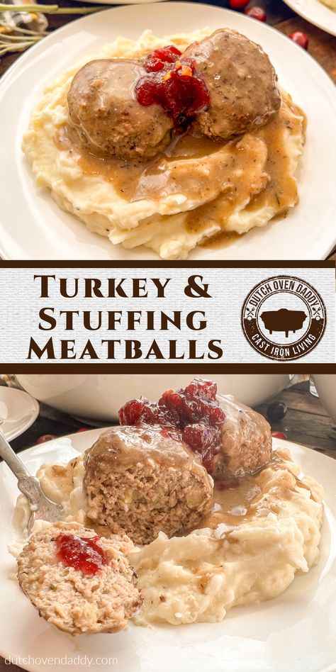 Turkey and Stuffing Meatballs with Gravy is an anytime of the year, busy weeknight dinner recipe loaded with Thanksgiving flavor. Beef Stuffing Thanksgiving, Turkey Stuffing Meatballs, Thanksgiving Meatballs, Stuffing Meatballs, Meatballs With Gravy, Turkey And Stuffing, Crockpot Turkey, Turkey Stuffing, Easy Skillet