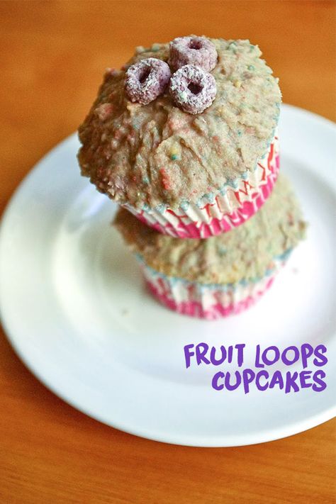 Fruit Loops Cupcakes - All part of a complete breakfast! With Fruit Loops blended right into the frosting, one bite will instantly transport you back to childhood (or delight your kiddos!) #cupcakes #fruitloops #cereal #kidsbaking #dessert #bakingrecipe | www.thebatterthickens.com Cupcakes With Fruit, Frappuccino Cupcakes, Breakfast With Fruit, Vanilla Frappuccino, Complete Breakfast, Breakfast Cupcakes, Cupcakes Vanilla, Fruit Loops, Baking Blog