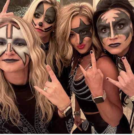 Kiss Costume Diy Women, Kiss Band Makeup Halloween, Kiss The Band Costumes Diy, Kiss Rock Band Costume, Kiss Band Halloween Costumes, Rock Band Costumes Halloween, Kiss Band Costume Women, Kiss Band Outfits, Kiss Halloween Costume Women