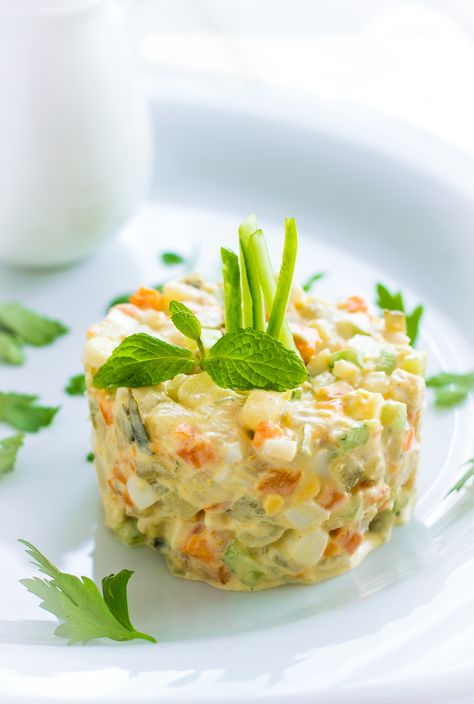 Russian  salad Olivier Russian Appetizers, Salad Olivier, Russian Potato Salad, Olivier Salad, Salad Presentation, Party Canapes, Russian Salad, Plating Ideas, Fruit Shop