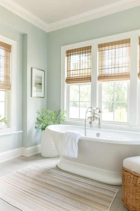 Sherwin Williams Rainwashed - Jenna Kate at Home Sherwin Williams Carolina Gull, Green Coastal Bathroom, Bathroom Color Palette Ideas, Light Bathroom Paint Colors, Light Blue Green Paint Colors, Light Green Bathroom Walls, Light Blue Bathroom Walls, Bathroom Green Paint, Light Green Wall Paint