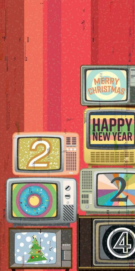 Merry Christmas and Happy New Year 2024 calligraphy broadcasting on vintage televisions with risograph printing effect verticle vector illustration. Happy New Year Ads, 2024 Calligraphy, Christmas Vector Illustration, Risograph Printing, Illustration Advertisement, Vintage Television, Happy New Year 2024, Risograph Print, Retro Tv