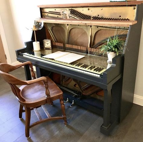 Piano Recycle Ideas, Piano Coffee Bar Repurposed, Upcycle Piano Repurposed, Piano Desk Repurposed, Old Piano Repurpose Ideas, Piano Remodel, Piano Keys Repurposed, Piano Shelf, Piano Projects