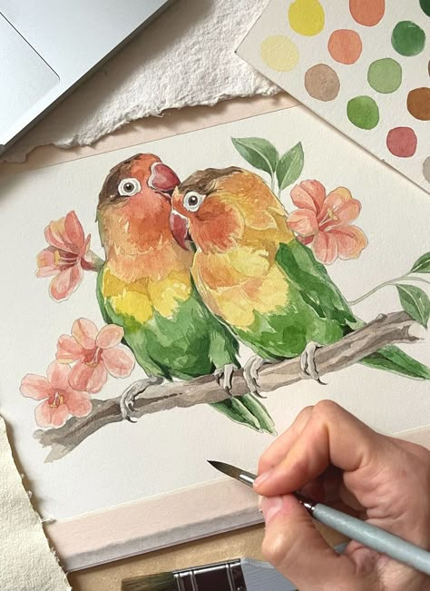 Watercolor Animal Drawing, Cute Birds Painting, Love Birds Watercolor Painting, Bird Drawings Watercolor, Love Bird Watercolor, Watercolor Painting Love, Birds In Love Drawing, Bird Drawing Watercolor, Two Animals In Love Drawing