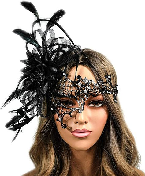 Amazon.com: Black Metal Masquerade Mask for Women Halloween Costume Feather Party Masks Feathers Venetian Mardi Gras Burlesque Mask : Clothing, Shoes & Jewelry Mascarade Party Outfit, Elegant Masquerade Mask, Masquerade Party Outfit, Masquerade Outfit Ideas, Masquerade Ball Outfits, Masquerade Event, Black Masquerade, Great Gatsby Dress, Gold Masquerade Mask