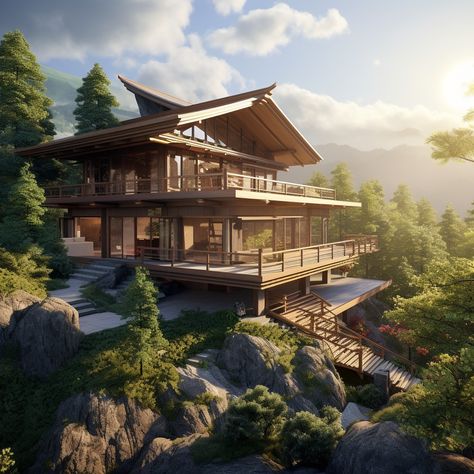 Modern wooden houses in Japanese style in the mountains Japanese Mountain House, Japanese House Modern, Japanese Modern House, Modern Wooden House, Japanese Houses, Japanese Hotel, Japanese Mountains, Hotel Exterior, Hillside House