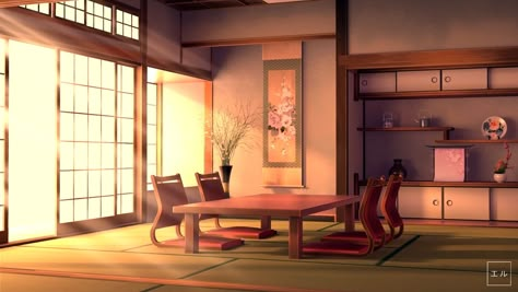 ArtStation - Japanese Room 和室 ( Evening ), Elson Tan Anime House Aesthetic, Anime Interior, Anime House Interior, Anime Home, Traditional Japanese House Interiors, Anime Japanese House, Japanese House Aesthetic, Anime Backgrounds House Inside, Japanese Bedroom Drawing