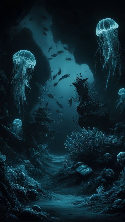 Immerse yourself in the haunting beauty of the deep sea with this dark-themed ocean wallpaper. Bathed in moody, deep blue hues that merge into an almost-black abyss, the scene features illuminated jellyfish with trailing luminescent tentacles, ghostly shipwrecks encrusted with barnacles, and shadowy schools of fish. The textured ocean floor is adorned with scattered corals, seaweed, and hints of lost treasures. Soft, bioluminescent glows from various sea creatures and plants cast an eerie, magical light, evoking a sense of mystery and wonder. Cool Jellyfish Wallpaper, Deep Underwater Aesthetic, Bioluminescence Aesthetic Wallpaper, Ghost Blue Aesthetic, Ocean Creatures Aesthetic, Dark Sea Aesthetic Wallpaper, Underwater Ocean Aesthetic, Dark Ocean Aesthetic Wallpaper, Deep Sea Aesthetic Dark