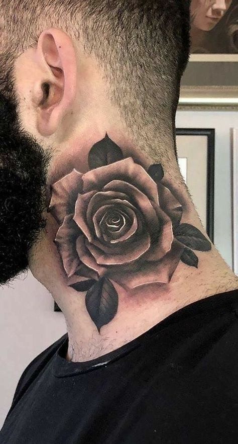 Rose Neck Tattoo, Rose Vine Tattoos, Rose Tattoo Meaning, Realistic Rose Tattoo, Throat Tattoo, Rose Tattoos For Men, Skeleton Hand Tattoo, Neck Tattoo For Guys, Chest Piece Tattoos