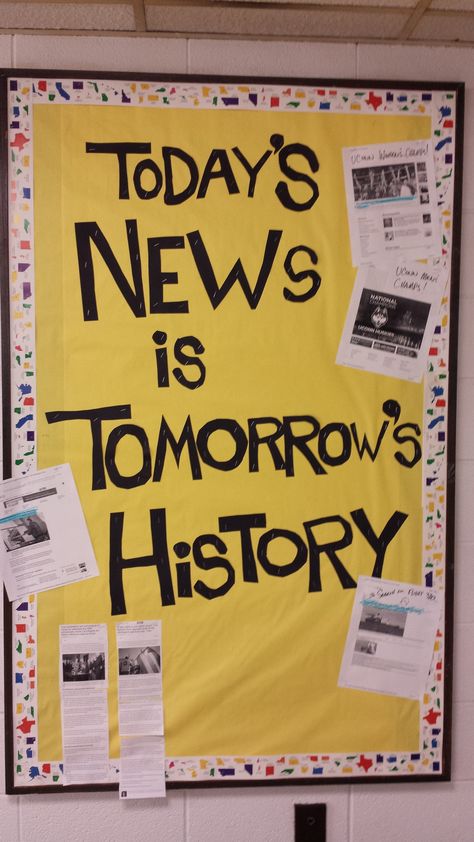 I love this bulletin board because it keeps up with current issues. We could tap into other news in foreign countries to keep students' knowledge up to date. History Teacher Classroom, History Bulletin Boards, History Classroom Decorations, High School History Classroom, Classroom Decor Middle, Social Studies Education, Middle School History, High School Social Studies, Classroom Decor High School