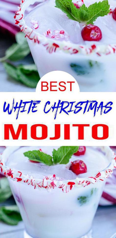 Insanely delicious white Christmas mojito. BEST Christmas cocktail that is crowd pleasing. Simple & easy Holiday cocktail w/ coconut rum. Perfect alcohol drink recipe for yummy Christmas drinks. Kick off the Holidays & put this alcoholic drink on your Thanksgiving table. Quick rum liquor idea for tasty & delish white Christmas mojito. Serve for xmas parties or for friends & family. For more #alcohol drink recipes see KimspiredDIY #rum #christmas Christmas Shooters Holiday Drinks, Christmas Mojito Recipe, Cabin Drinks, Strawberry Mojito Recipe Pitcher, White Christmas Mojito, Christmas Mojito, Coastal Food, Rum Liquor, Christmas Alcohol