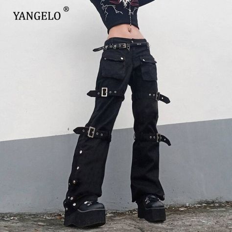 Yangelo Y2K Punk Black Buckle Pants Harajuku High Waist Big Pocket Trousers Goth Mall Grunge Cargo Pants Techwear Women _ - AliExpress Mobile Black Goth Pants, Goth Techwear, Alt Pants, Streetwear Fashion Jeans, Women Techwear, Steampunk Pants, Techwear Women, Girls Cargo Pants, Grunge Pants