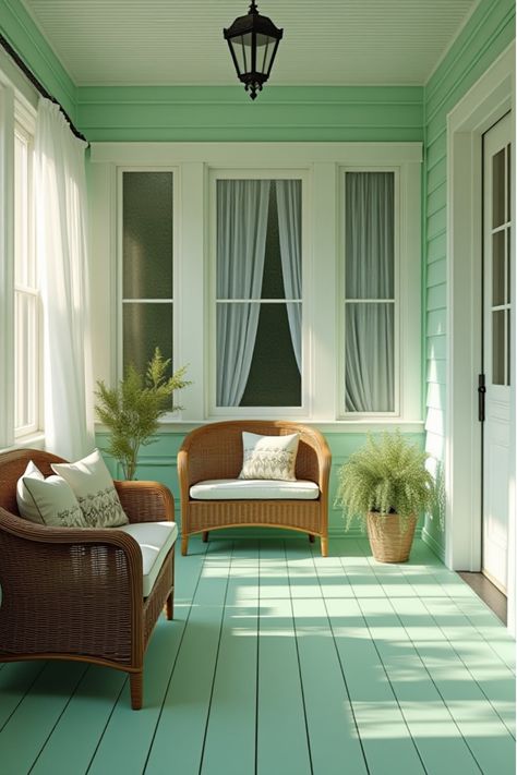 Screened porch with mint green floor, white trim, and wicker furniture Green Porch, Porch Materials, Pastel Paint Colors, Pale Mint Green, Porch Paint, Weathered Paint, Epoxy Paint, Wooden Porch, Concrete Porch