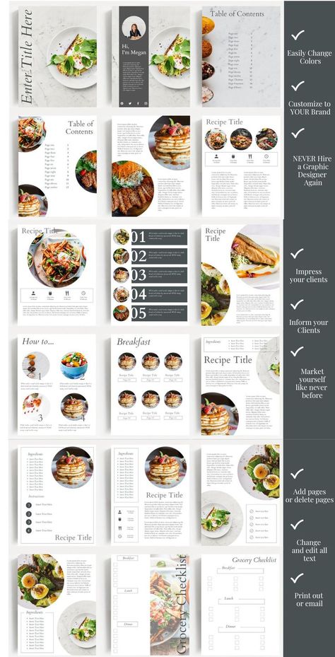 Recipe Book Template / 40 Pages. File Size: 10.15 MB. Cookbook Cover Design Ideas, How To Make A Cook Book, Recipe Ebook Template, Recipes Cover Page, Food Book Cover Design, Recipe Book Page Design, Cook Books Aesthetic, Cookbook Design Ideas, Recipe Page Template