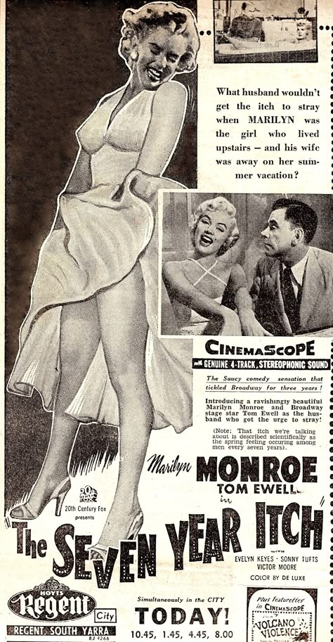 MARILYN MONROE THE SEVEN YEAR ITCH original vintage press ad HOYTS REGENT theatre. The Herald Thur. Oct 12 1955. Melbourne Australia newspaper. (please follow minkshmink on pinterest) #marilynmonroe #thesevenyearitch #moviead Marylin Monroe Newspaper, Marilyn Monroe The Seven Year Itch, Marilyn Monroe Movie Posters, Marilyn Monroe Poster Vintage, Marilyn Monroe 7 Year Itch, Marilyn Monroe Newspaper, 7 Year Itch, Marilyn Monroe Movies, Marilyn Monroe Poster