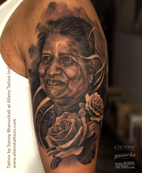 Face Portrait Tattoo Sleeve, Portrait Memorial Tattoo Ideas, Half Sleeve Portrait Tattoo, Parent Portrait Tattoo, Shoulder Portrait Tattoo, Mother Portrait Tattoo, Family Portrait Tattoo Sleeve, Rip Portrait Tattoo Ideas, Portrait Sleeve Tattoo For Women