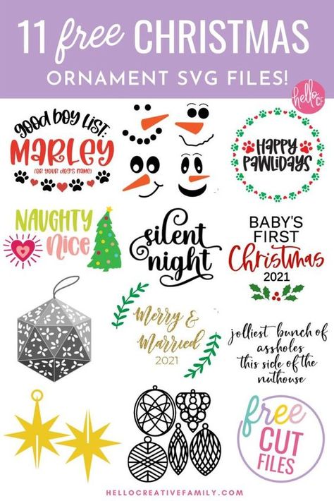 Free Christmas Ornament Dog SVG + 11 Christmas Cut Files Dog Christmas Svg Free, Vinyl Christmas Ornaments Cricut, Free Dog Svg, Cricut Christmas Ornaments, Ornament Gift Ideas, Christmas Svg Files Free, Christmas Svg Free, Svg Projects, Free Christmas Svg