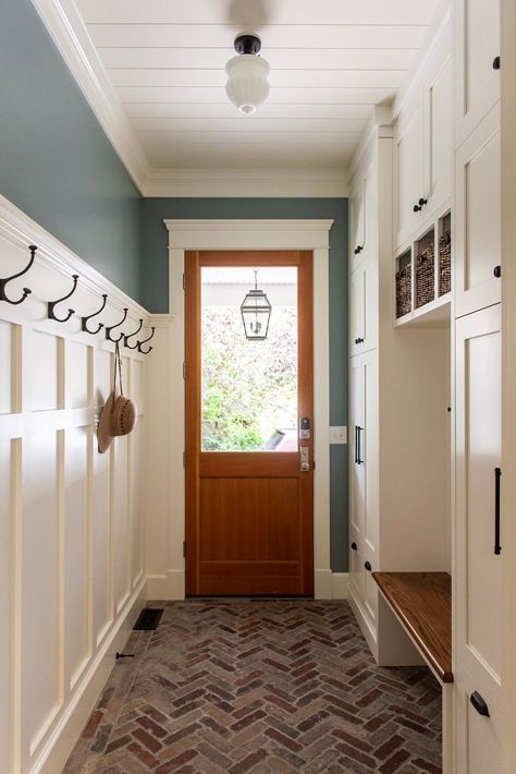 Entry Hall Mudroom, Mudroom Entry Door, Laundry Room Breezeway Ideas, Entrance Mudroom Ideas Entryway, Breezeway Interior Ideas, Side Door Entrance Ideas Interior, Craftsman Mudroom Ideas, Craftsman Style Laundry Room, Home Interior Design Color Palette