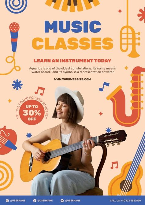 Doodle Music Classes Learn An Instrument Poster Guitar Classes Poster, Music Class Poster Design, Music Class Flyer Design, Music Course Poster, Music Classes Poster, Music School Poster Design, Music Class Design, Music Class Poster, Music Teacher Posters