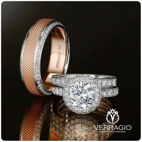 The perfect union of love and elegance 💖✨ Our stunning white gold engagement ring features a sparkling round cut diamond surrounded by a diamond halo, matched with a single-row diamond wedding ring. For him, a white and rose gold wedding band that shines with two rows of diamonds.

💍: Insignia-7101R, 7101W & VWD-7917

#Verragio #EngagementRing #DiamondRing #WeddingRing #MensRing #GoldRing ( #📷 @verragio ) White And Rose Gold Wedding, Wedding Ring For Him, Rose Gold Wedding Band, White Gold Engagement Ring, Rose Gold Wedding Bands, Diamond Wedding Ring, White Gold Engagement, White Gold Engagement Rings, Rose Gold Wedding