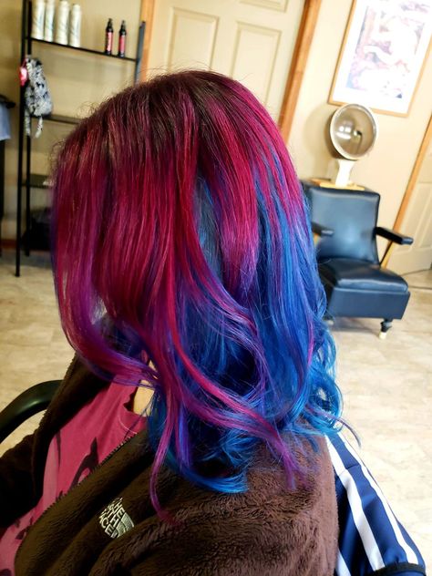 Red To Blue Hair, Blue And Burgundy Hair, Red And Blue Peekaboo Hair, Blue And Magenta Hair, Red And Blue Hair Color, Red Hair With Blue Tips, Red Purple Blue Hair, Blue And Red Hair Color, Red And Blue Hair Ideas