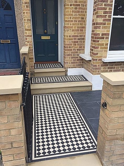 Victorian Front Garden, Terrace House Exterior, Mosaic Floor Tiles, White Mosaic Tiles, Victorian Porch, York Stone, Victorian Floor Tiles, Period Home, Porch Tile