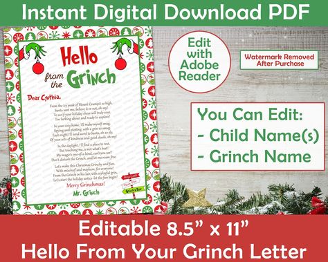 Grinch On A Bench, Christmas Elf Names, Grinch Pills, Elf Printables, Candy Guessing Game, Goodbye Letter, Ways To Say Hello, Elf Kit, Hello Goodbye