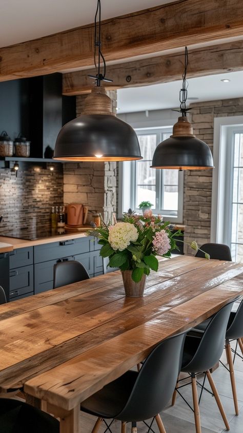 Modern Kitchen Interior: A stylish kitchen with wooden accents featuring pendant lights, a floral centerpiece, and elegant cabinetry. #kitchen #interior #design #modern #wooden #aiart #aiphoto #stockcake ⬇️ Download and 📝 Prompt 👉 https://stockcake.com/i/modern-kitchen-interior_239116_45889 Modern Kitchen Industrial, Kitchen Modern Rustic, Warm Kitchen Ideas, Industrial Style Interior Design, Cabinetry Kitchen, Rustic Kitchen Lighting, Industrial Kitchen Design, Gym Room At Home, Dark Wood Cabinets