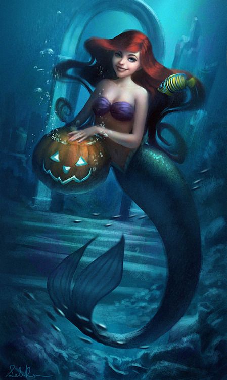 Ariel - Halloween by Selenada Ariel Halloween, Mermaid Artwork, Mermaid Halloween, Mermaids And Mermen, Disney Ariel, Pinturas Disney, Beautiful Mermaids, Princess Art, Ariel The Little Mermaid