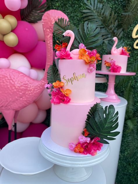 Tropical Theme Cake, Flamingo Pool Party Cake, Hawaiian Birthday Cake, Simple Flamingo Cake, Tropical 40th Birthday Cake, Tropical Flamingo Cake, Pink Flamingo Birthday Cake, Pink Tropical Birthday Cake, Flamingo Birthday Party Cake