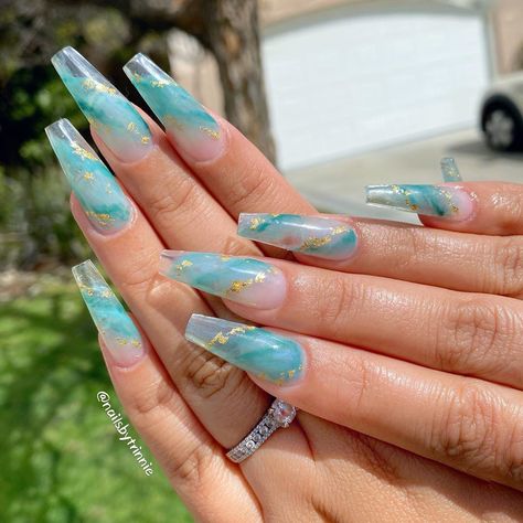 Blue Jade Nails, Jade Nails Acrylic, Jade Nails, Black Acrylic Nails, Vibrant Nails, Cute Acrylic Nail Designs, Blue Jade, Long Acrylic Nails Coffin, Summer Acrylic Nails