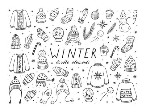 Vector winter doodle elements on white b... | Premium Vector #Freepik #vector #mittens #winter-scarf #winter-hat #winter-elements Winter Hat Doodle, Winter Doodles Easy, January Doodles, Scarf Doodle, Winter Bujo, Embroidery Doodles, Cute Christmas Doodles, How To Draw Snow, Winter Doodles