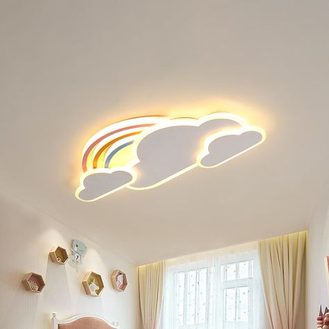 White/Pink Rainbow Cloudy Ceiling Light Cartoon Metallic LED Flush-Mount Light Fixture, Warm/White Light Rainbow False Ceiling Design, Kids Room False Ceiling Design, Cloudy Ceiling, Rainbow Ceiling, Kids Ceiling Lights, Light Cartoon, Office Vibes, Pink Cartoon, Ceiling Design Living Room