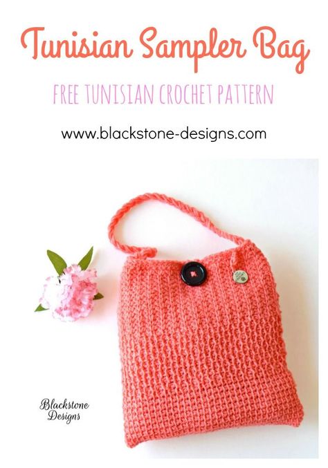 Tunisian Sampler Bag free tunisian crochet pattern from Blackstone Designs  #crochet #tunisiancrochet #bag #freepattern #crochetpattern #learnto Tunisian Crochet Purse, Tunisian Projects, Crochet Exercise, Crochet Totes, Tunisian Stitches, Purses Patterns, Crochet Tunisian, Tunisian Crochet Pattern, Bags Patterns