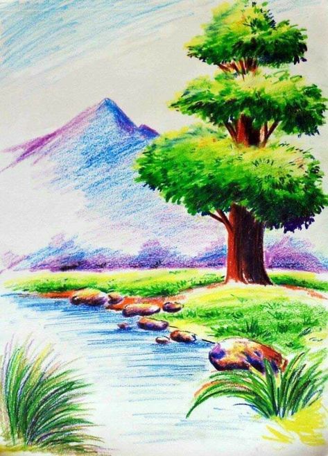 Scenaries Drawing, Natural Scenery Drawing Pencil Colour, Drawing Ideas Creative Unique Nature, Scenery Colour Pencil, Color Pencil Landscape Drawing, Scenery With Oil Pastels, Colour Pencil Drawing Landscape, Nature Drawing Colourful, Pencil Color Drawing Easy