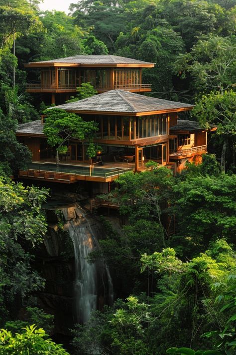 Wooden Mansion, Waterfall Home, Rainforest Waterfall, Dream Backyard Pool, Jungle House, Fairytale House, Bat Cave, Classy Living Room, Resort Architecture