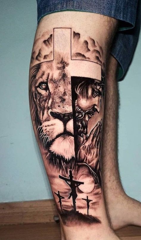 Lion Leg Tattoo, Jesus Tattoo Sleeve, Leg Tattoos For Men, Christus Tattoo, Calf Tattoo Men, Back Of Leg Tattoos, Lion Tattoo Sleeves, Full Leg Tattoos, Christian Sleeve Tattoo