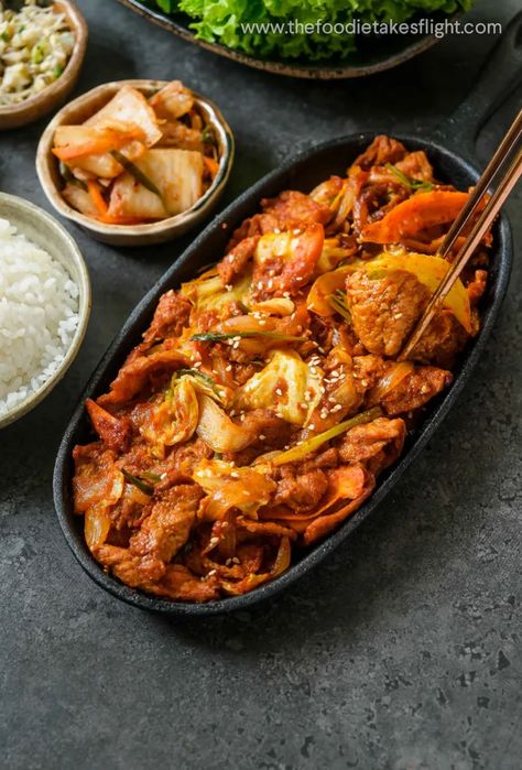 Korean Spicy “Pork” Stir-Fry (Vegan) - Jeyuk Bokkeum or Dwaeji Bulgogi - The Foodie Takes Flight Bulgogi Pork Recipe, Dwaeji Bulgogi, Jeyuk Bokkeum, Korean Spicy Pork, Pork Bulgogi Recipe, Gochujang Tofu, Vegan Korean Food, Korean Pork, Bulgogi Recipe