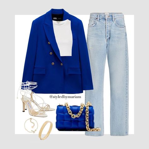 mariam on Instagram: “This blue is so nice !! 💙 - - #virtualstyle #virtualstyling #virtualstylist #fashioninspo #stylepost #streetstyleinspiration…” Cobalt Blue Blazer Outfit, Royal Casual Outfits, Blue Blazer Outfit Women, Royal Blue Blazer Outfits For Women, Royal Blue Outfit Ideas Casual, Royal Blue Blazer Outfit, Royal Blue Outfit Ideas, Smart Casual Blue, Blue Blazer Outfits For Women