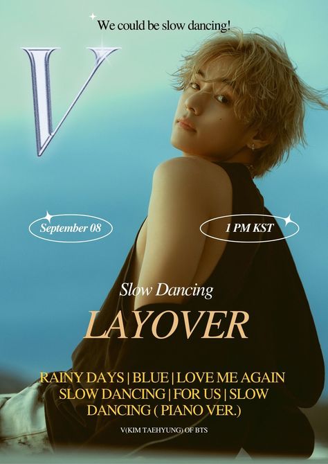 Layover | Slow dancing 80s style poster | V of BTS (Kim Taehyung) Layover Taehyung Poster, V Love Me Again, Kim Taehyung Poster, V Layover, Beautiful Taehyung, Bts Illustration, V Of Bts, Bts School, Poster Bts