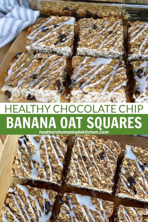 These Banana Chocolate Chip Oat Squares are naturally sweetened, chewy from the oats and full of chocolate! An easy recipe that is healthy enough for breakfast but indulgent enough to be a treat. Oat Squares Recipe, Banana Chocolate Chip Bars, Oat Squares, Banana Waffles, Chocolate Chip Bars, Healthy Chocolate Chip, Square Recipes, Banana Breakfast, Banana Oats