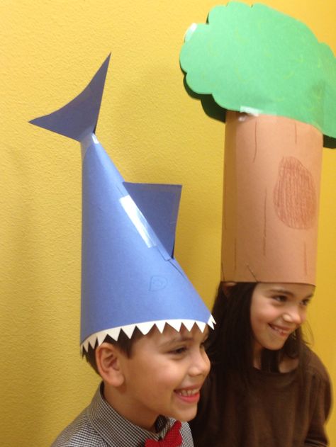 Silly Hats: Man-eating Shark and a Tree Funny Hats For Adults Diy, Funny Hats Diy, Crazy Hat Day Ideas, Funny Hats For Adults, Hat Crafts For Kids, Fall Kindergarten Crafts, Crazy Hat, Shark Hat, Paper Hats