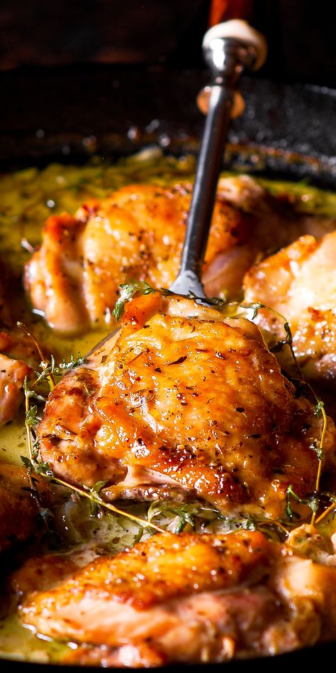 Chicken Thighs, baked in a cast iron skillet in white wine sauce Thigh Band Tattoo, Creamy White Wine Sauce, Thigh Band, Chicken Skillet Recipes, Roasted Chicken Thighs, Herb Roasted Chicken, Chicken Entrees, White Wine Sauce, Turkey Dishes