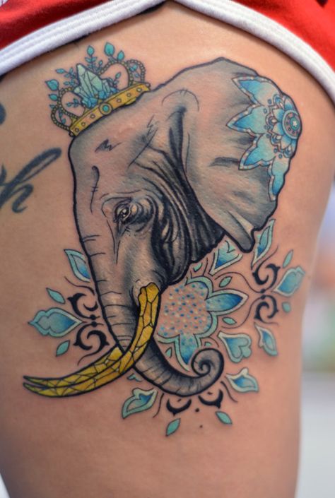 Neo Traditional Tattoo Traditional Tattoo Elephant, Arm Cuff Tattoo, Realistic Elephant Tattoo, Geometric Elephant Tattoo, Traditional Tattoo Reference, Left Arm Tattoo, Tattoo Elephant, Crown Tattoos, Bicycle Tattoo