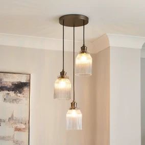 Glass Ceiling Lights | Dunelm | Page 3 Landing Pendant Lighting, Landing Lighting Ideas, Light Fittings Living Room, Landing Lighting, Landing Ideas, Living Room Decor Lights, Cottage Dining Rooms, Dining Table Light, Cottage Lighting