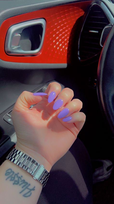 Neon Purple Almond Nails, Purple Acrylic Nails Almond, May Acrylic Nails, Almond Nails Summer Colors, Almond Purple Nails, Almond Nails Solid Color, Purple Almond Acrylic Nails, Cute May Nails, Purple Dip Nails