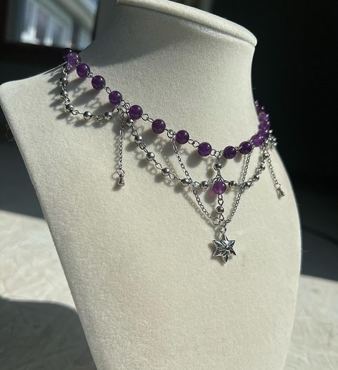 How To Bead Necklace, Necklace Diy Ideas, Necklace Making Ideas, Purple Beaded Jewelry, Alternative Jewelry, Beaded Necklace Diy, Handmade Jewelry Tutorials, Necklace Craft, Amethyst Beads