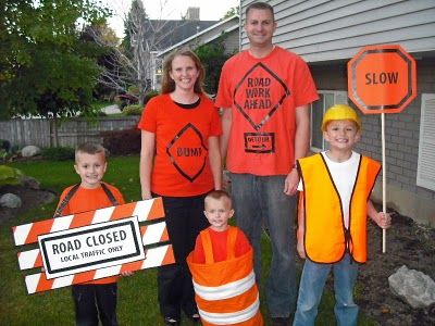 Family Halloween Costume: Road Construction Construction Worker Family Costume, Construction Family Halloween Costume, Construction Theme Costume, Family Construction Halloween Costumes, Construction Family Costume, Diy Construction Costume, Construction Cone Costume, Construction Halloween Costume, Terrible Twos Birthday Party