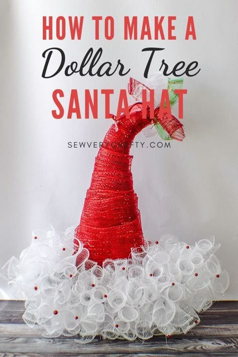 Santa Hat Crafts, Diy Christmas Hats, Diy Santa Hat, Christmas Candy Cane Decorations, Christmas Door Hangings, Hat Wreath, Dollar Store Christmas Crafts, Deco Mesh Wreaths Diy, Holiday Wreaths Diy